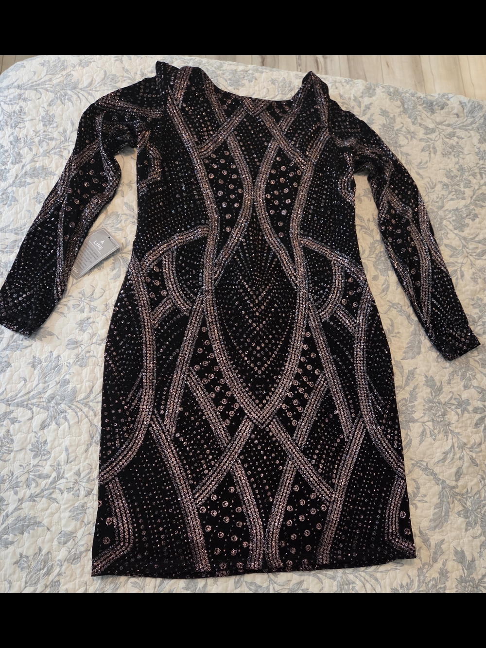 le chateau Black Dress with Pink Beaded Geometric Design - Long Sleeve - Picture 2 of 5